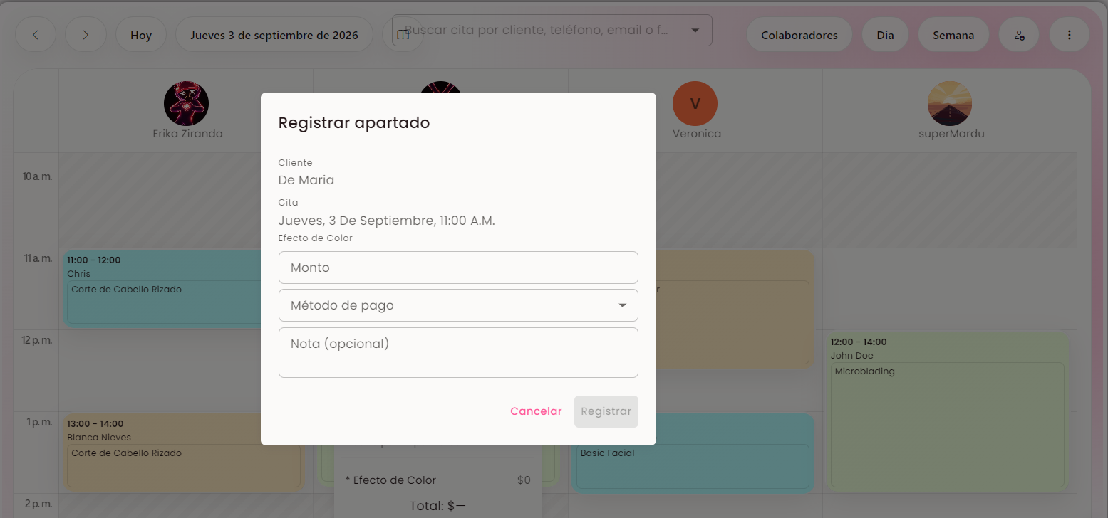 Modal Registrar apartado con monto y método de pago