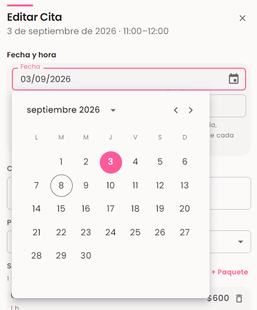 Selector de fecha abierto sobre el formulario de cita