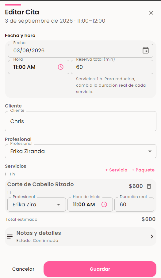 Editar cita con cliente, profesional y servicio