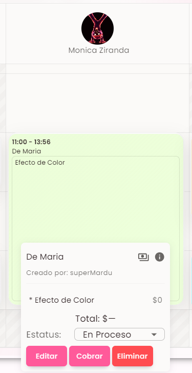 Resumen de cita con Editar, Cobrar y Eliminar